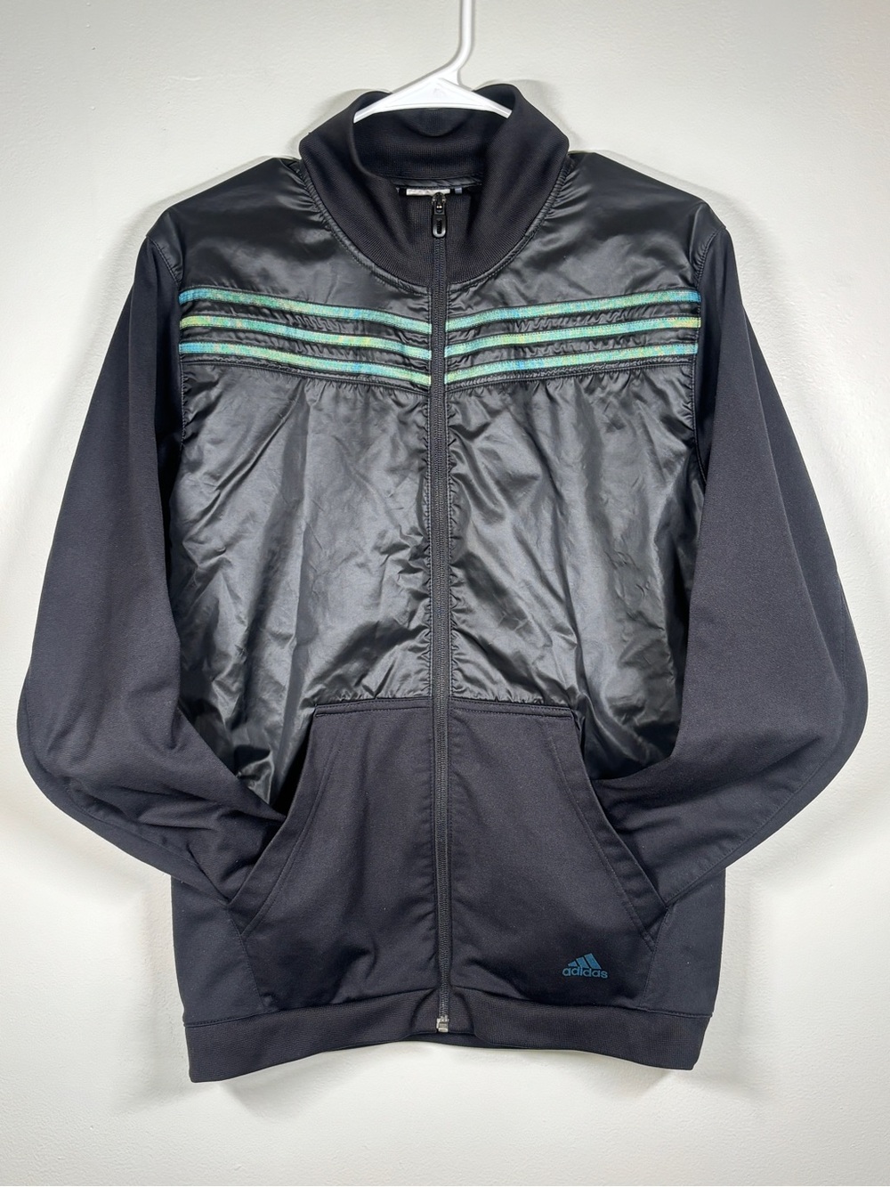 Vintage Adidas Woven Nylon Chest Panel Track Jacket Black Green Striped Small - Picture 4 of 8